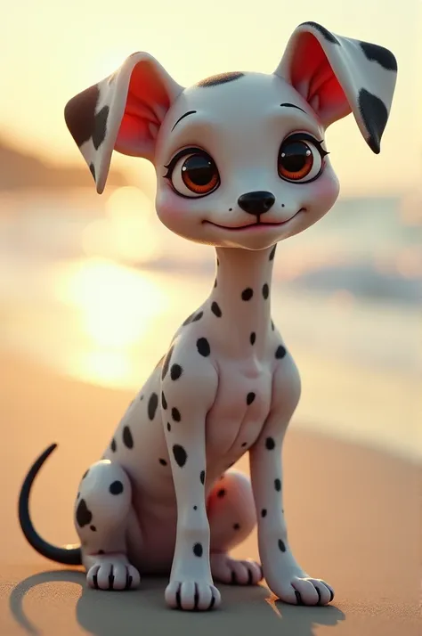 Dalmatian,body full of folds and falls,small and skinny ass,Beach in the morning,super shiny and oily skin,super detailed cellulite on the butt, short,fly away,smilling face,naked,without hair