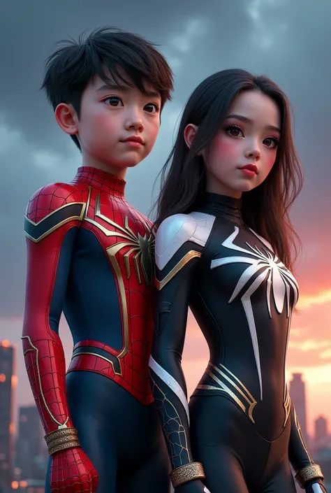 create an image where a Korean boy wears a red and gold iron spiderman suit and a Korean girl wears a black and white spiderman suit, only half of their bodies are visible, and the background is night
