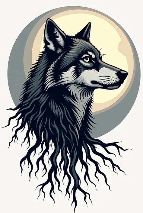 Moon in vector wolf head left profile with long tree roots for tattoo 
