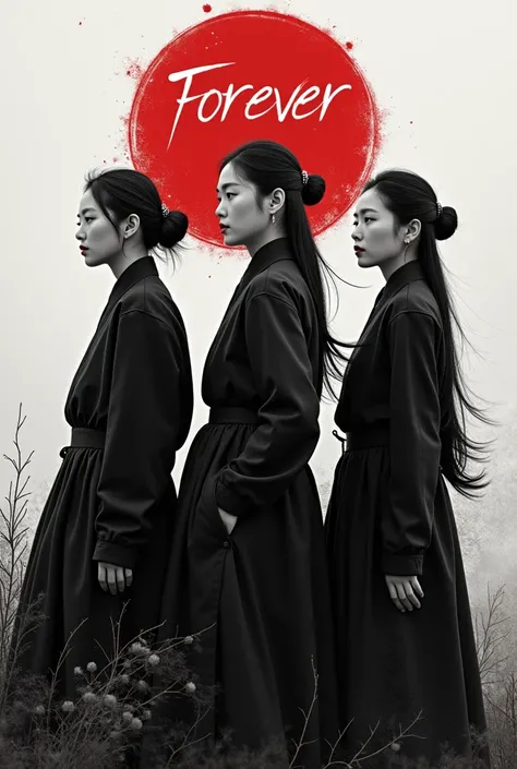 Three Korean women cover in black and white theme with big letters in the middle saying forever in red 