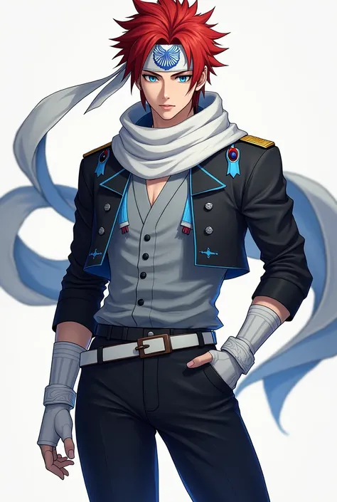 apenas 1 homem, very handsome man, red hair with a hairstyle similar to that of the character Sasuke, but wearing a white bandana, with the symbol of a blue phoenix, very blue eyes, like heaven, muito claro, Asian, wears a short black jacket with cyan blue...