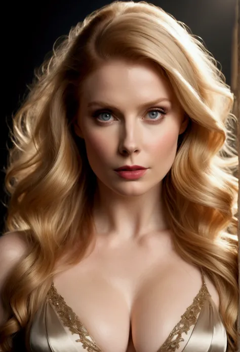 HYBRID FACE BETWEEN BRYCE DALLAS HOWARD AND AMY ADAMS, BUST STYLE IMAGE, STUDIO IMAGE STYLE, DIFFUSED LIGHTS ON FACE, STRONG BACK LIGHTS, CLOSE FACE SHOTBLACK, HUGE LONG BLONDE HAIR, VERY LIGHTNING BLONDE HAIR, VERY PALE SKY, HIGH CHEEKBONES, ROSY CHEEKS, ...