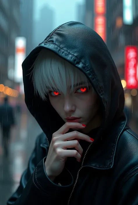 kk, best quality, more details, masterpiece, 1boy, kaneki ken, portrait, male focus, red eyes, solo, bangs, looking at viewer, hood, short hair, rain, tokyo tokyo (city),  hood up, nail polish, white hair, luxurious, 8k, detailed, ray tracing, depth of fie...