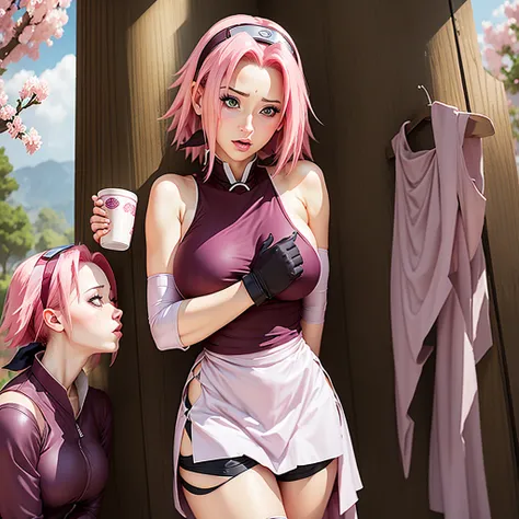 sakura haruno, busty and hot, with an embarrassed collar, low-cut and transparent clothing, body and mouth full of milk