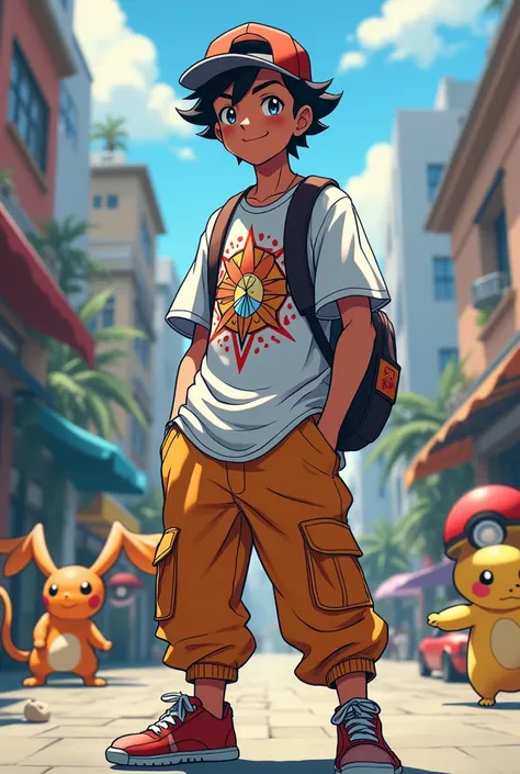 Make an Indian Pokémon trainer like in the anime but put him in a skater outfit 