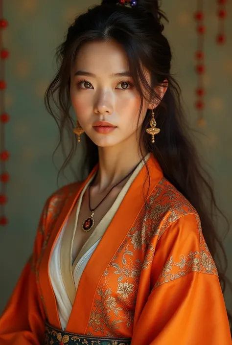 An indigenous woman with reddish skin, brown hair, honey brown eyes, wearing an orange Chinese male hanfu