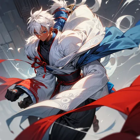 1male , dark skin, adult, finely detailed blue eyes, muscular build, modern undercut, medium messy hair, white hair, fitted sleeves, white yukata with reg swirls, red sash, ninja clothing, serious experssion, modern city background