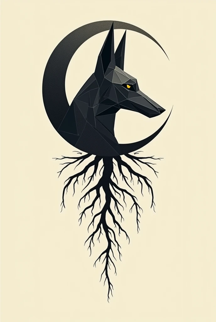 Moon with geometric anubis head left profile with long tree roots for tattoo in vector 

