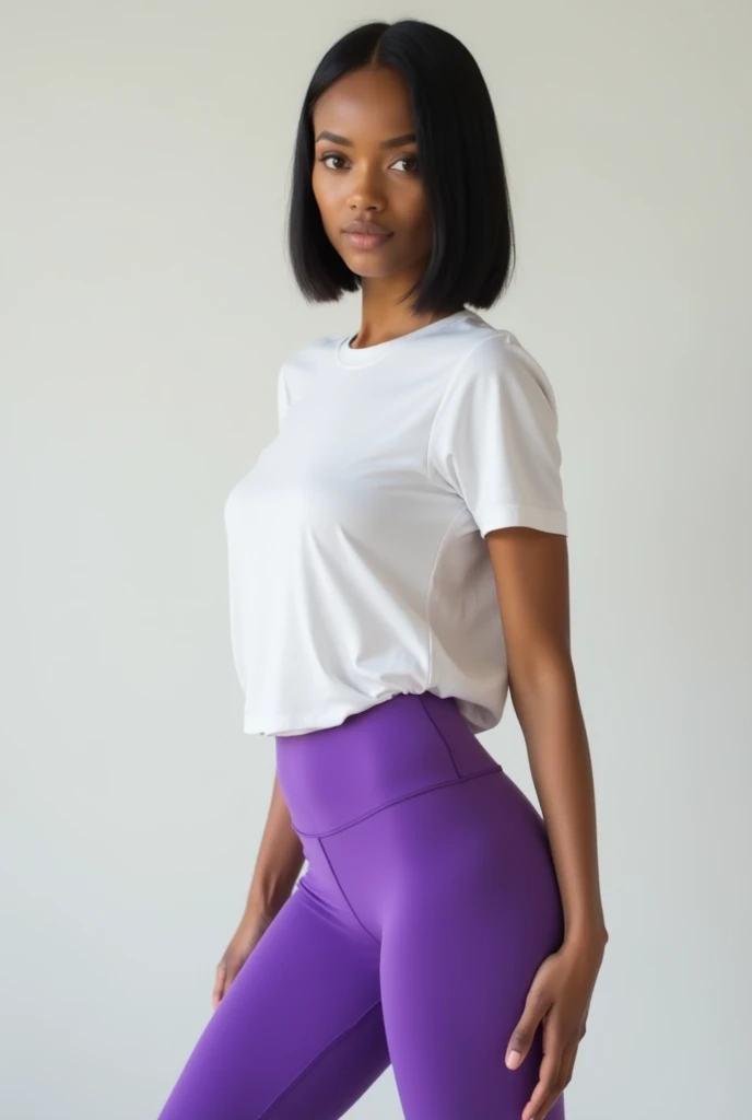 Full body image from head to toe of a woman who is not fat, with light caramel-colored brown skin, straight black hair in short leggings from the waist to the knees, exactly purple in color and a closed shirt without a neckline and short sleeves without bu...