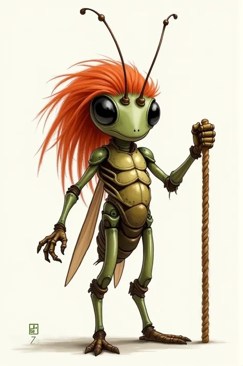 "Draw a cricket with a humanoid body, maintaining its original characteristics such as antennas and exoskeleton, but with big, straight red hair, Standing out. He is holding a rope with one hand, demonstrating perfect balance. The characteristics of the cr...