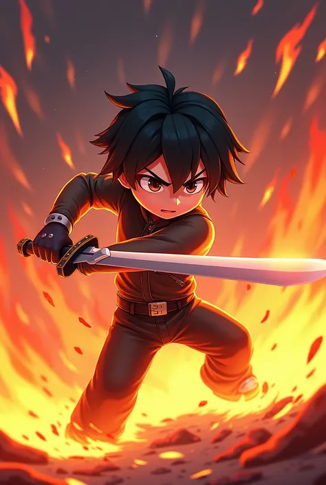 Create a 2d roblox style anime character 2d fighting with sword with fire in background 2d image