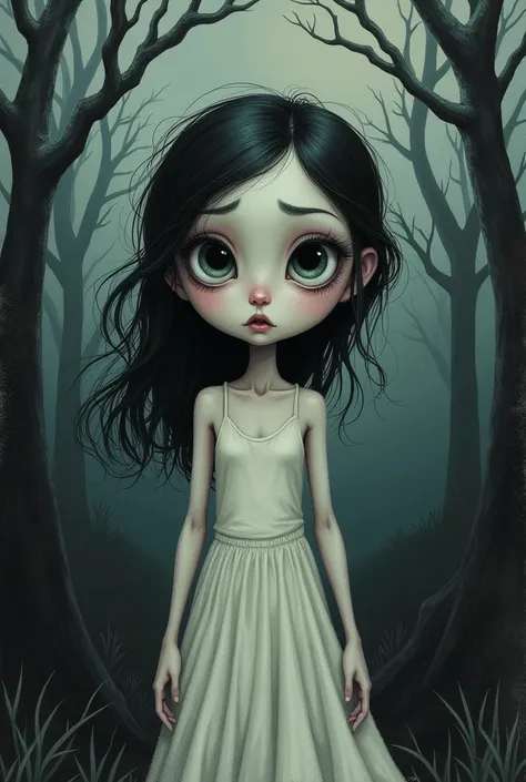 A girl with insomnia drawn in the style of Tim Burton 