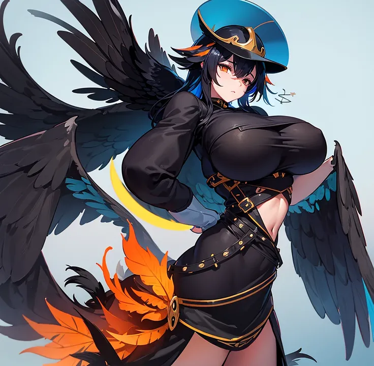 est quality, ((gigantic breasts)), black hair, Has orange wings on his head, The tips of the bangs are blue, Has black tail feathers, The tips of the bangs are blue, Has black tail feathers, wearing a black hat (helmet),