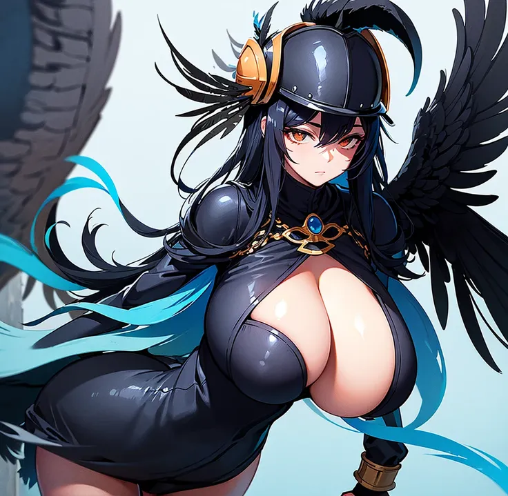 est quality, ((gigantic breasts)), black hair, Has orange wings on his head, The tips of the bangs are blue, Has black tail feathers, The tips of the bangs are blue, Has black tail feathers, wearing a black hat (helmet),