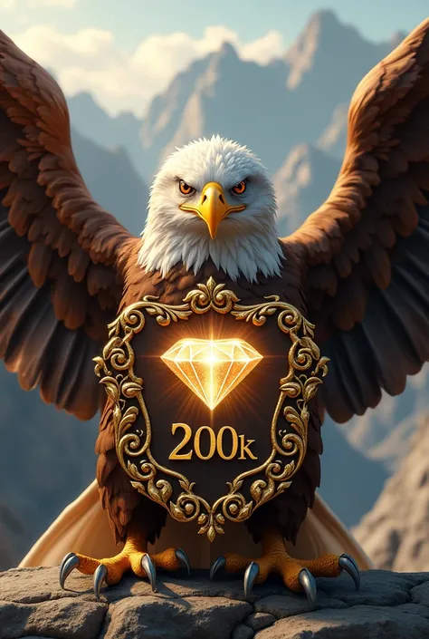 "Create an 8k ultra-realistic image of an eagle holding a plaque with a diamond on it. Below the diamond, include the text 200K. The eagle should appear victorious and millionaire."