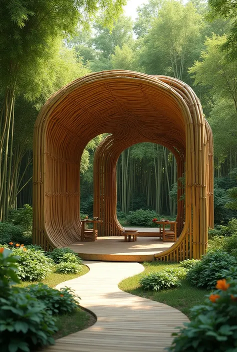 Create a bamboo structure with organic figures that can be used as a pavilion where the structure is the main thing.