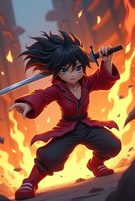 Create a 2d roblox style anime character 2d fighting with sword with fire in background 2d roblox style image