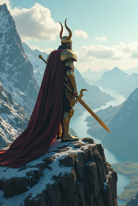 Heimdall on top of a mountain, with his golden sword, blowing his trumpet 
