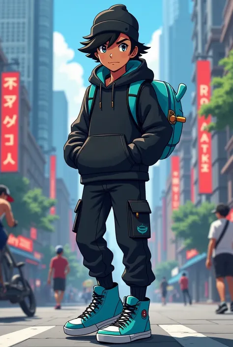 Make an Indian Pokémon trainer like in the anime, but put him in a skater outfit and give him black and cyan colors. 