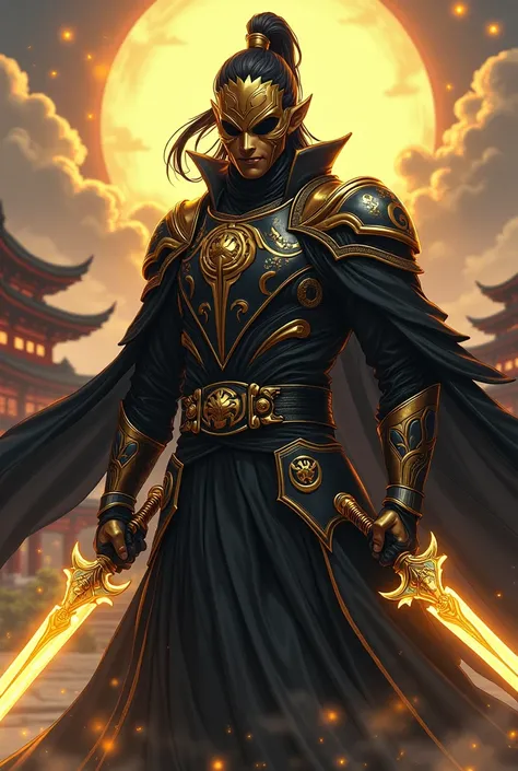 Make a character with black and gold clothes and gold swords with anime with fake mask with anime version
