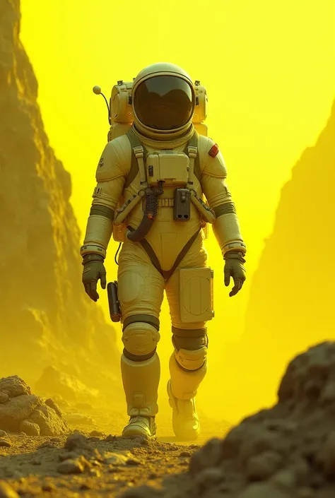 sci-fi art man in high-tech spacesuit on the surface of a sulfur planet, Realism