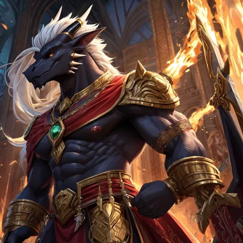 A majestic anthro Roman black dragon, standing tall at 9.3 feet, exuding an aura of power and nobility. His muscular body is adorned with sleek black scales that shimmer with an ominous yet alluring presence. His long, flowing white hair cascades down his ...