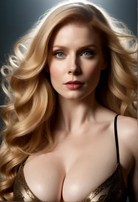 HYBRID FACE BETWEEN BRYCE DALLAS HOWARD AND AMY ADAMS, BUST IMAGE STYLE, STUDIO IMAGE STYLE, DIFFUSED LIGHTS ON FACE, STRONG BACK LIGHTS, CLOSE FACE SHOTBLACK, HUGE LONG BLONDE HAIR, VERY LIGHTNING BLONDE HAIR, VERY PALE SKY, HIGH CHEEKBONES, ROSY CHEEKS, ...