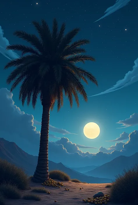 High quality image, best resolution, night time, there is date palm tree. With long leafs, full of dates, night time blue sky with gray clouds. Small stars and big white moon , mountain in the left side 