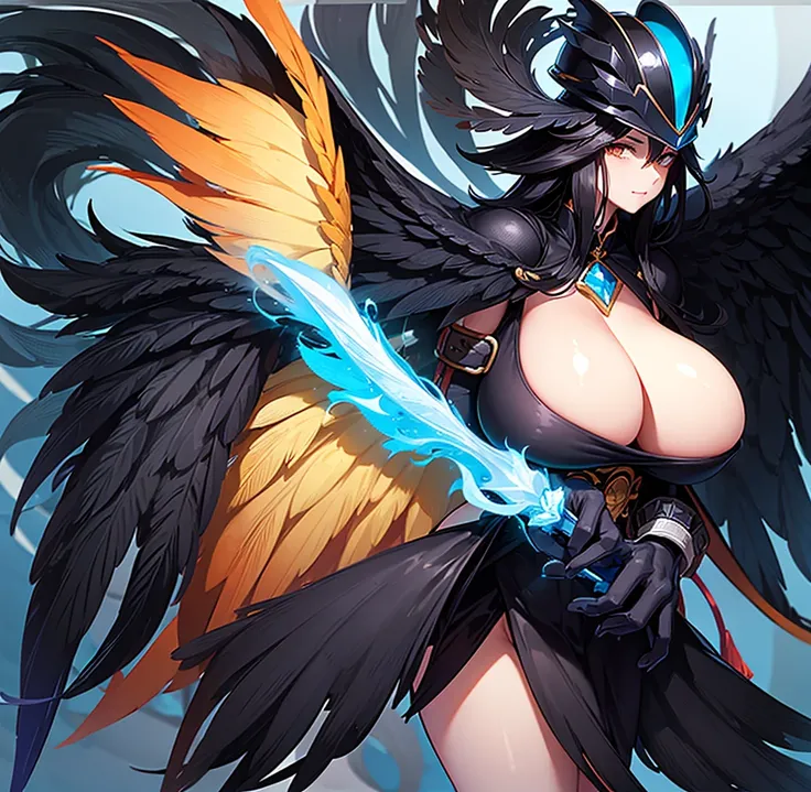 est quality, ((gigantic breasts)), black hair, Has orange wings on his head, The tips of the bangs are blue, Has black tail feathers, The tips of the bangs are blue, Has black tail feathers, wearing a black hat (helmet),