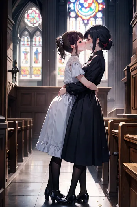 (masterpiece), 4K,{{{2 women}}}, Lesbian，shoes，,Random Hairstyles,kiss,((Lesbian kiss )),Shooting from afar,church, Wimple, Scapler