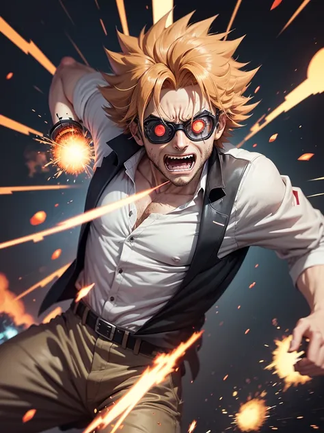 Draw in anime cartoon style, a mad scientist being thrown far away by a not so distant explosion in an incredible scene. Put on goggles and make him look like he&#39;s having fun with the situation with a big smile. 