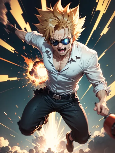 Draw in anime cartoon style, a mad scientist being thrown far away by a not so distant explosion in an incredible scene. Put on goggles and make him look like he&#39;s having fun with the situation with a big smile. 