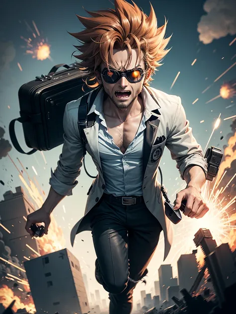 Draw in anime cartoon style, a mad scientist being thrown far away by a not so distant explosion in an incredible scene. Put on goggles and make him look like he&#39;s having fun with the situation with a big smile. 