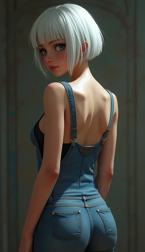 redesign, 1 girl, bowl cut, short white hair, overalls, shy, blue colored eyes, overalls, breasts big, in this, from behind, tight overalls, sweat