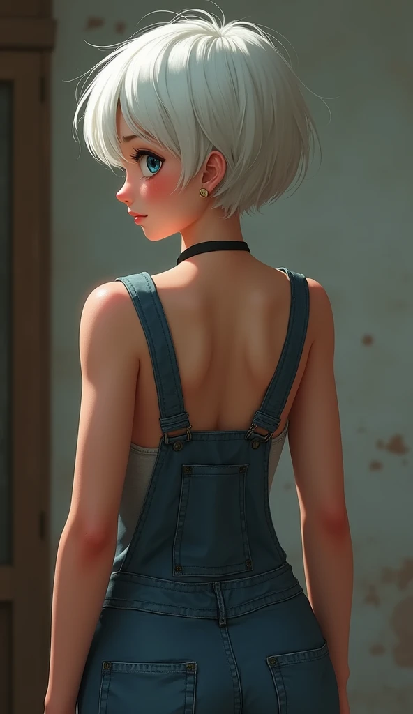 redesign, 1 girl, bowl cut, short white hair, overalls, shy, blue colored eyes, overalls, breasts big, in this, from behind, tight overalls, sweat