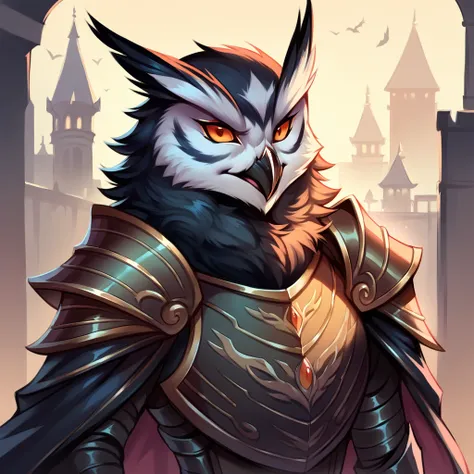 ocaritna, score_9, score_8_up, score_7_up, score_6_up, owl, with ebony black feathers and orange eyes in demonic armor