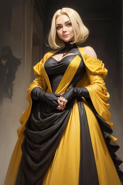 a painting of a 40-year-old woman in a dreary atmosphere, regular sized amber eyes, light skin, older woman, wearing luxury clothes: dark yellow gown, golden-yellow coat falling off shoulders. hair styled in a witch-like large bob, sharp facial features, l...