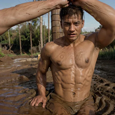 shirtless muscular man, sinks in a mud pit down to his shoulders, mud smudged on his toned chest and face to emphasize context of struggling to get out of the mud pit, determined face expression, 