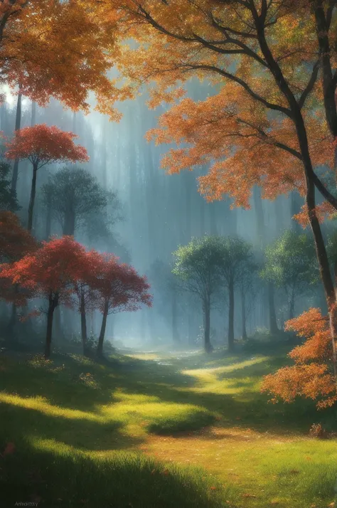  autumn, masterpiece, best quality, high quality,extremely detailed CG unity 8k wallpaper, An enchanting and dreamy scene of a fantasy forest, with towering trees, glowing mushrooms, and hidden fairy glens, creating a sense of mystique and enchantment, art...