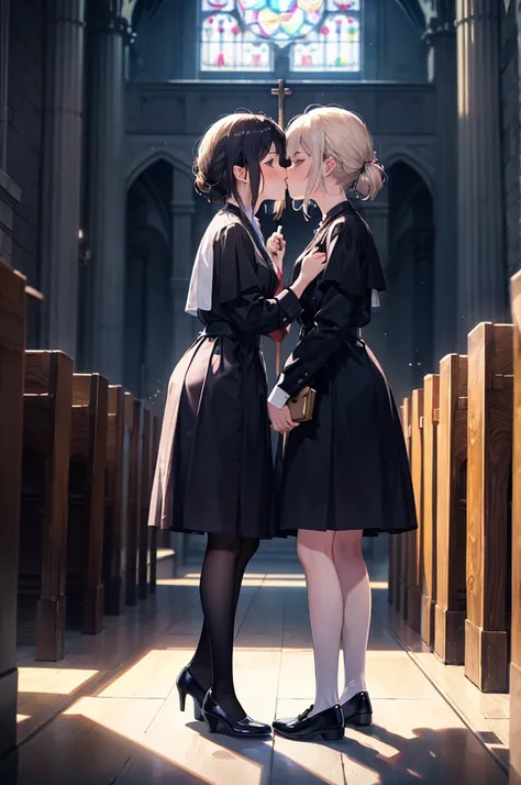 (masterpiece), 4K,{{{2 women}}}, Lesbian，shoes，,Random Hairstyles,kiss,((Lesbian ほっぺkiss )),Shooting from afar,church, Wimple, Scapler