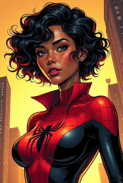 Make me a comic book girl dressed as spiderwoman, Short black curly hair with yellowish tones below, semi-slanted eyes, semi-wide nose with freckles on parts of his face, face outlined with something round, Very pretty semi-wide lips and dark skin, black e...