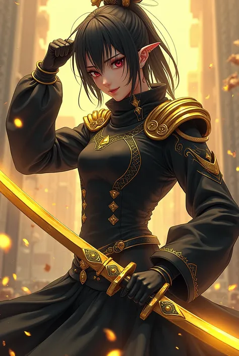 Make a character with black and gold clothes and gold swords with anime with fake mask with anime version without long hair I want the same photo but in another position 