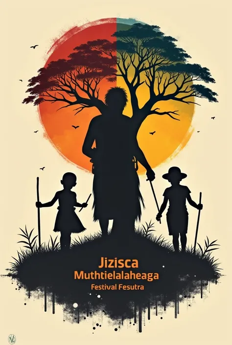 Design something traditional with the indigenous Colombian culture of the Cundinamarca territory, with brown colors, greens, blue, oranges and reds, in which the background is a silhouette of an indigenous elder, with a circle of life , The silhouette has ...