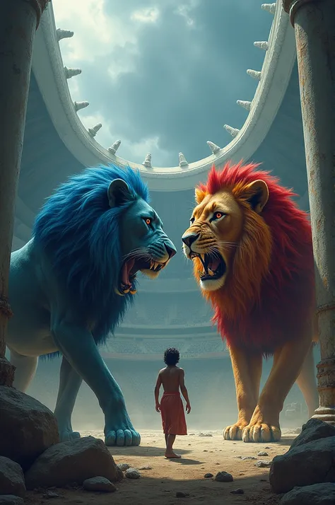 Blue and red lion catching an Indian in Chile&#39;s national stadium of terror