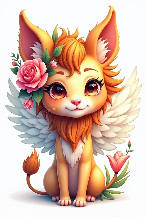 ((White background)), ((clipart )), ((sticker)), (((Lions ear)), Watercolor Beautiful Wild Rose Fantasy Art, perfect eyes with beautiful face and flowers., Angel wings, chibi Beautiful animation style, bright and vivid colors, intricate details, hyper deta...