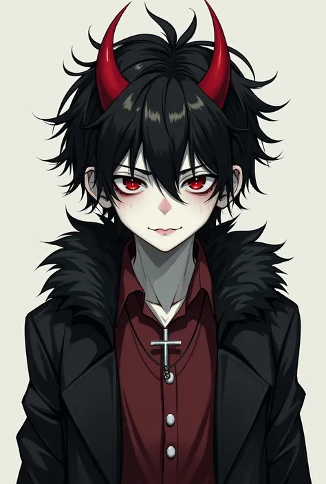 generates a drawn-type image of a pale boy,with lots of messy, spiky black hair with two small red horns coming out of his hair, that her hair covers half her face to the point that her eyes cannot be seen, that only her mouth can be seen, nothing but her ...