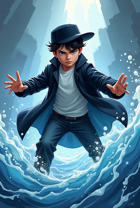 Superhero boy book cover with black cap,white shirt and black lab coat and who controls the water