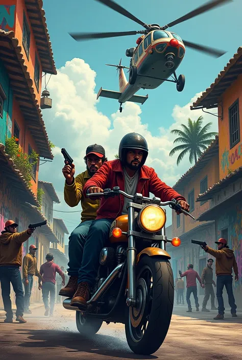 - **fund:** A vibrant and detailed Brazilian favela, with stacked houses, graffiti on walls and busy streets. The sky is cloudy, giving a tense tone to the scene.

- **Personagens:** Two bandits on a MT-07 or Hornet motorcycle, with one of them holding a p...