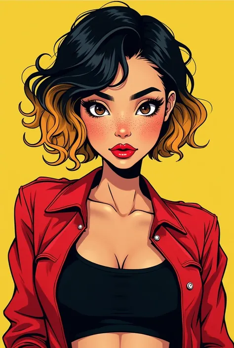 Make me a comic-type girl dressed in a red jacket and a black crop top underneath, Short black curly hair with yellowish tones below, semi-slanted eyes, semi-wide nose with freckles on parts of his face, face outlined with something round, very pretty semi...