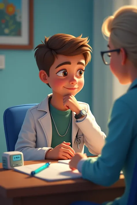 Lucas, a boy from , is sitting in a doctor&#39;s office. Your parents are next door, while the doctor shows two items: an insulin syringe and an insulin pump. Lucas looks thoughtful.
